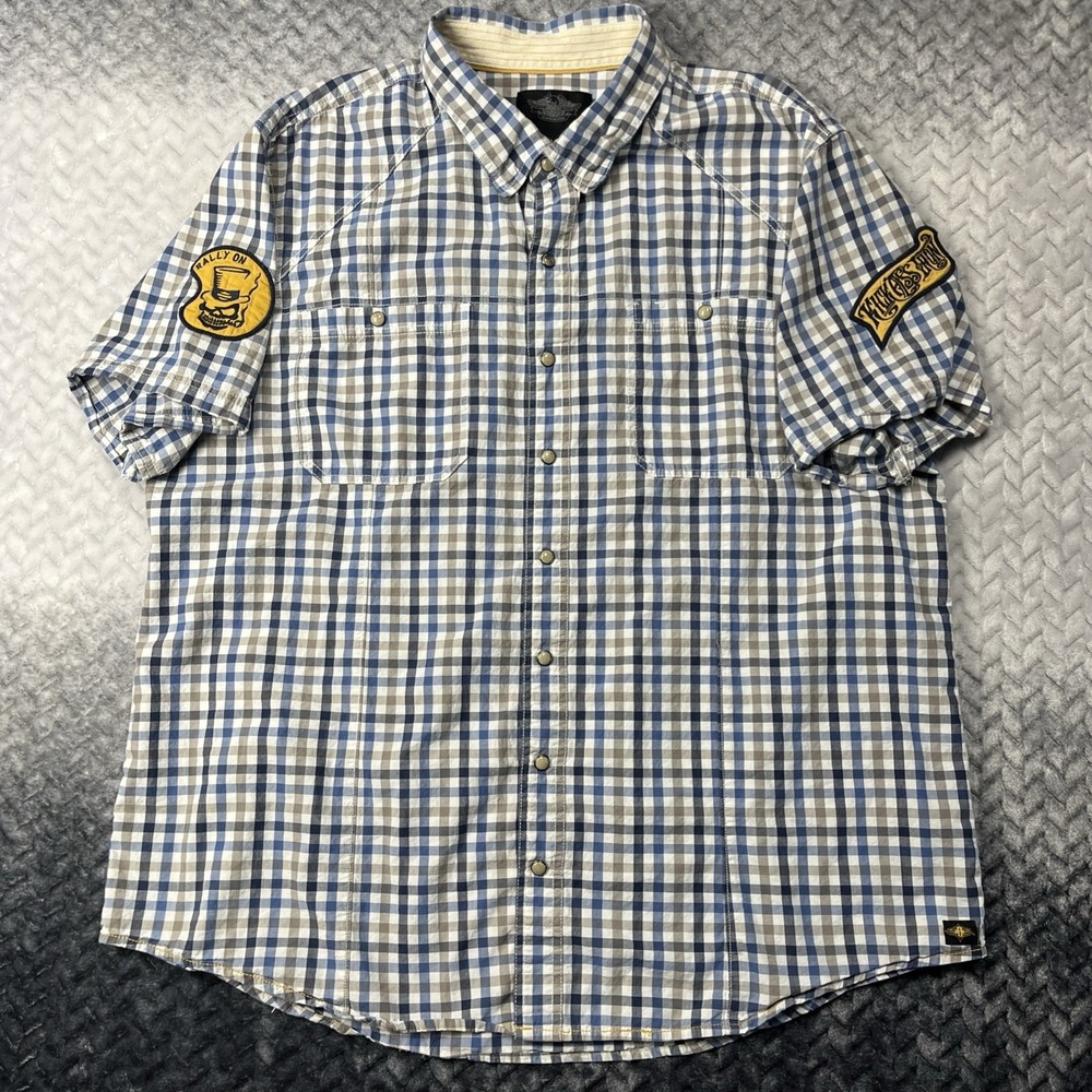 Harley Davidson Shirt Mens 3XL Pearl Snap Slim Check Skull Patches - Picture 2 of 12